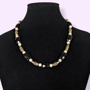 Vintage Faux Pearl Black Glass Beaded Necklace